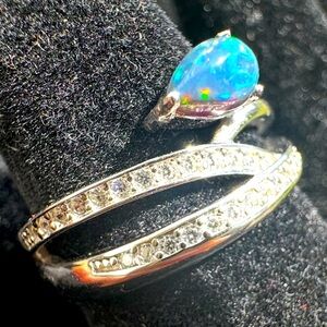 New Natural Blue Black Opal & diamond band ring solid 925 sterling silver